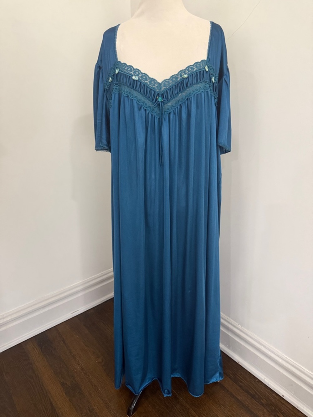 Comfort Choice Dark Teal Blue Nylon Satin Lace-Trim Maxi Nightgown 4X